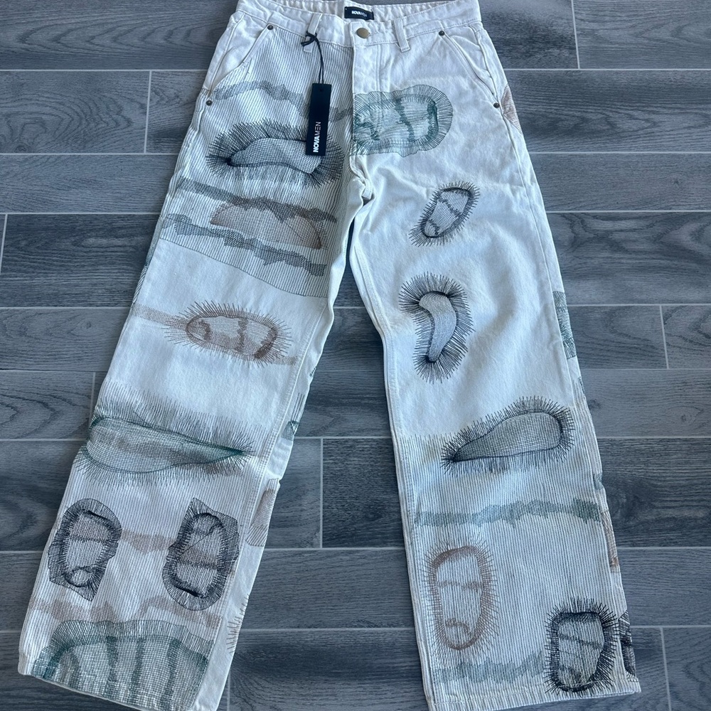 Men's Relaxed Fit Patterned Jeans - Cream and Gray